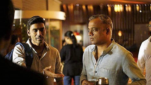 Dhanush with Gautam Menon (R) on the sets of 'Enai Noki Paayum Thota'