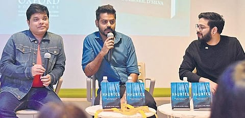 Authors Neil D’Silva and Jay Alani with RJ Aniket at the recent launch of Haunted Talks