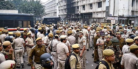 Police personnel at Tis Hazari Court complex after clashes between lawyers and police personnel. (Photo | PTI)