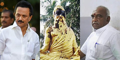 (From L) DMK chief MK Stalin, poet Thiruvalluvar and BJP leader Pon Radhakrishnan (Photo | PTI)