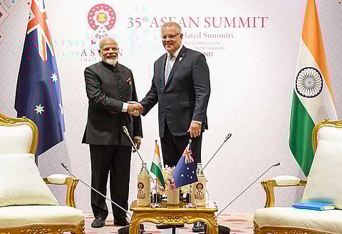 Prime Minister Narendra Modi shakes hands with his Australian counterpart Scott John Morrison on the sidelines of ASEAN 2019 in Bangkok, Thailand. (Photo | PTI)