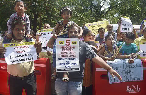 PMC Bank depositors protesting outside RBI. (Photo | PTI)