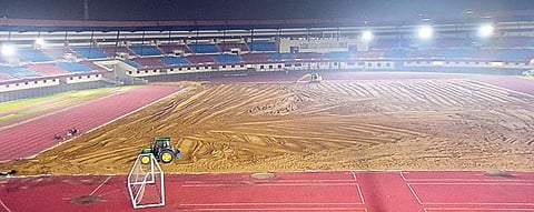 Kalinga Stadium football ground under preparation in Bhubaneswar. (Photo | EPS, Biswanath)