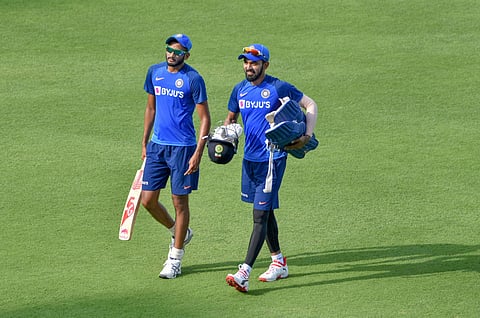 Indian cricket team player KL Rahul with teammate during a practice session ahead of their second T20 match against Bangladesh at Khanderi Stadium in Rajkot. (Photo | PTI)