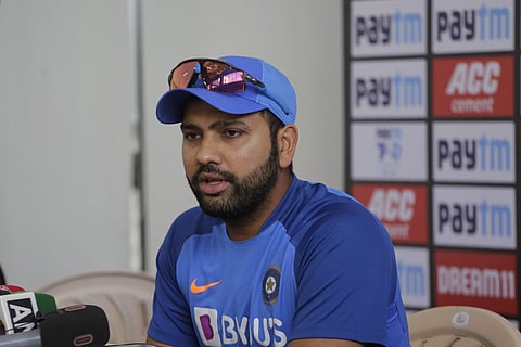Indian captain Rohit Sharma speaks during a press conference in Rajkot. (Photo | AP)