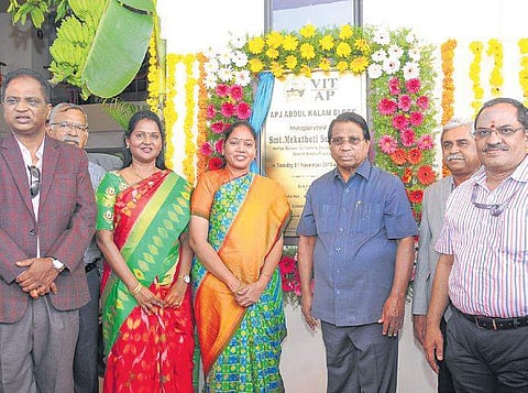 Andhra Pradesh Home Minister Mekathoti Sucharitha after inaugurating APJ Abdul Kalam Academic Block, Men’s Hostel 2 and Tanguturi Prakasam Auditorium on Vellore Institute of Technology (VIT)-AP University campus.