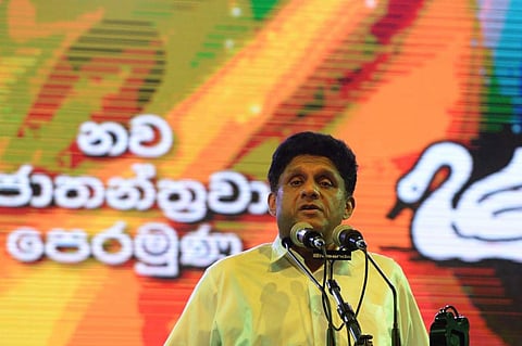 In this photo taken on November 7, 2019 deputy leader of the ruling United National Party (UNP) and New Democratic Front presidential candidate Sajith Premadasa speaks to supporters during a campaign rally in Colombo. Main opposition candidate Gotabhaya R