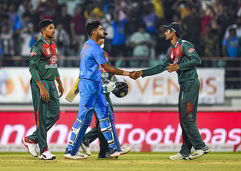 Indian batsman Shreyas Iyer shakes hand with Bangladeshi player Mahmudullah after India's win in the second T20 cricket match against Bangladesh at Saurashtra Cricket Association Stadium in Rajkot Thursday Nov. 7 2019. | (Photo | PTI)