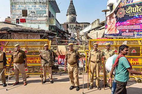 Ayodhya Police personnel patrol near the Hanuman Garhi temple on Saturday (Photo | PTI)