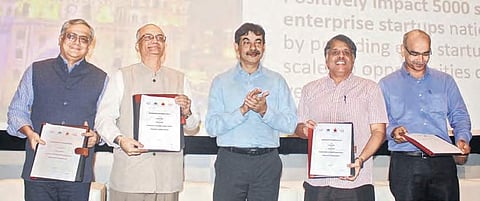 CEO of T-Hub Ravi Narayan, AFI founder Sanjay Kadaveru and IT Secretary Jayesh Ranjan at the launch of the Social impact Platform at ISB in Hyderabad on Friday | SATHYA KEERTHI
