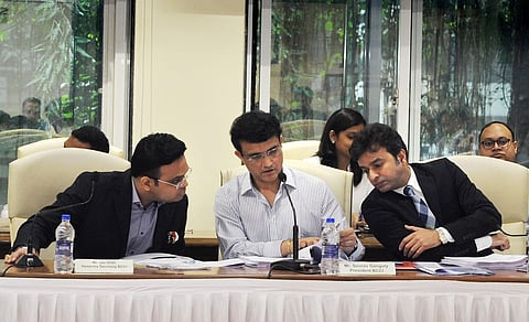 BCCI president Sourav Ganguly with the apex cricket body's Secretary Jay Shah and Treasurer Arun Singh Dhumal during the Board s Annual General Meeting in Mumbai Sunday Dec. 1 2019. (Photo | PTI)
