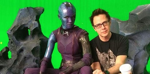 Karen Gillan as Nebula in the 'Guardians of the Galaxy' series with director, James Gunn. (Photo | Twitter)