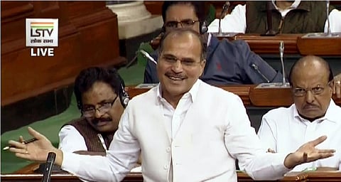 Congress MP Adhir Ranjan Chowdhury speaks at Lok Sabha during the winter session of Parliament on Monday (Photo| LSTV screengrab)