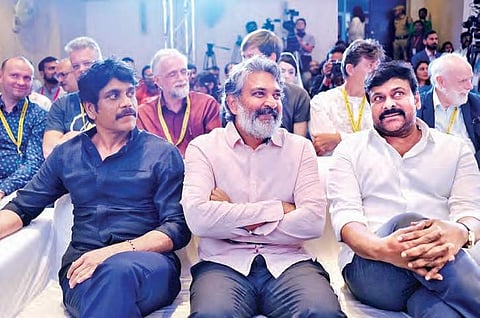 Actors Nagarjuna and Chiranjeevi with director SS Rajamouli. (Photo |EPS)