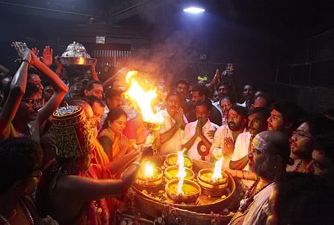 Bharani Deepam lit in the premises of Arunachaleswarar temple. (Photo | Express)