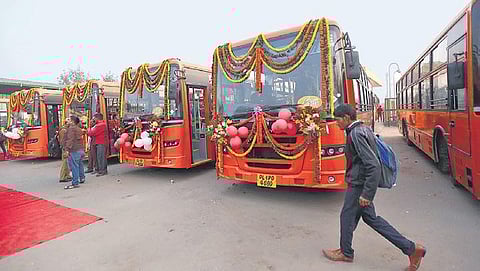 The new buses parked at the Rajghat Bus Depot on Tuesday (Photo | Arun Kumar, EPS)