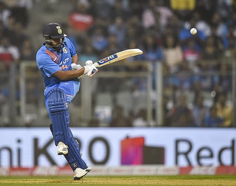 Indian player Rohit Sharma plays a shot during the third T20 cricket match against West Indies at Wankhede Stadium in Mumbai. (Photo | PTI)