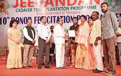Health Minister Eatala Rajender felicitating the family of organ donors enlisted in the Jeevnadan Organ Donation Scheme, in Hyderabad on Tuesday| Express