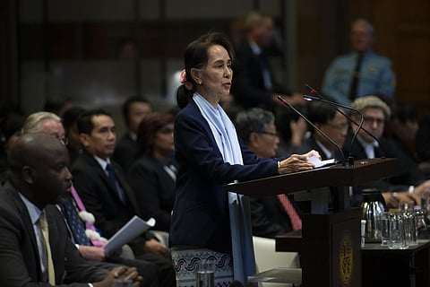 Myanmar's leader Aung San Suu Kyi addresses judges of the International Court of Justice. (Photo | AP)
