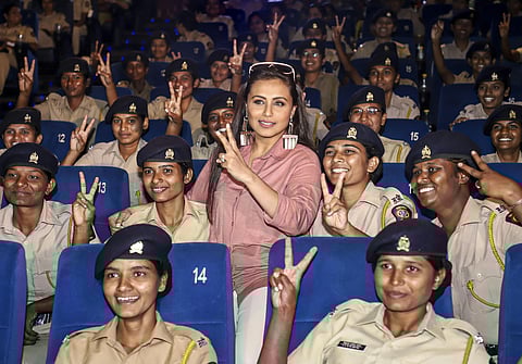 Bollywood actor Rani Mukerji poses with police women during promotion of the film Mardaani 2 at Nariman Point in Mumbai Wednesday Dec 11 2019. (Photo |PTI)