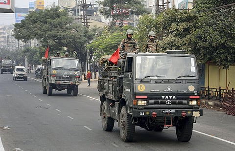 Indian army conduct flag march on the second day of curfew imposed by authorities following anti-citizenship amendement bill CAB protests in Guwahati Friday Dec. 13 2019. (Photo | PTI)