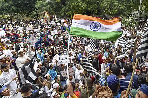 Protestors from the Muslim community during a demonstration against the passing of Citizenship Amendment Bill at Jantar Mantar in New Delhi Friday Dec. 13 2019. (Photo | PTI)