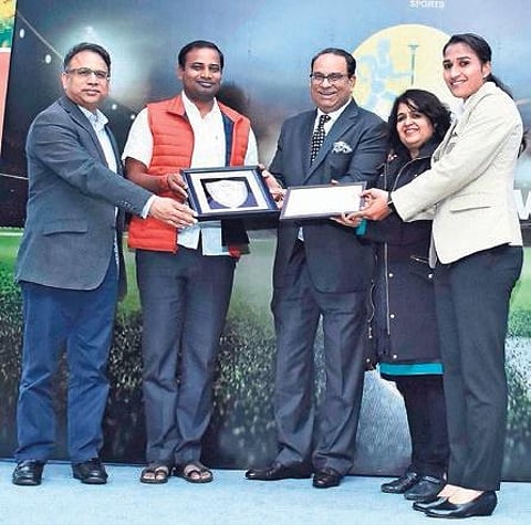 Sports Minister Tusharkanti Behera and Secretary Vishal Kumar Dev received the award on behalf of the Government at a function where sporting icons were honoured for their achievements.