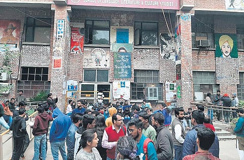 JNU students gather on the university campus as they shun examinations, on Thursday | JNUSU
