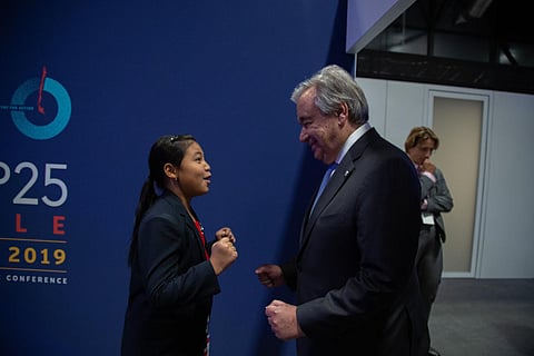 Climate activist Licypriya Kangujam with UN chief Antonio Guterres. (Photo | Twitter/@antonioguterres