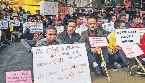 Members of the North-East Forum for Indigenous People stage a protest against the Centre’s move to implement the Citizenship Amendment Bill, in Shillong. (File | PTI)