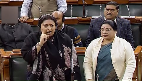 Union minister Smriti Irani speaks while protesting over Congress leader Rahul Gandhi's remarks on rape in the Lok Sabha during the Winter Session of Parliament in New Delhi Friday Dec. 13 2019. (Photo | Lok Sabha TV Screengrab)