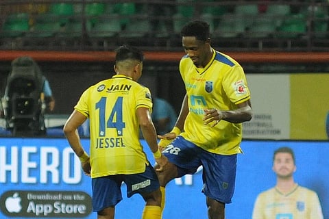 Kerala Blasters player Raphael Messi Bouli (R) celebrating scoring against Jamshedpur FC. (Photo | EPS/A Sanesh)