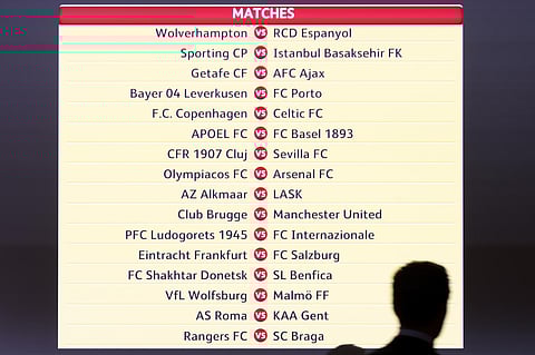 The match fixtures are shown on an electronic panel during the UEFA Europa League 2019/20 round of 32 draw, at the UEFA Headquarters. (Photo | AP)