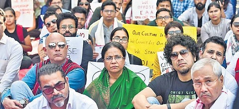 Actors and other Assamese people protest against the CAA in Mumbai. (Photo | PTI)
