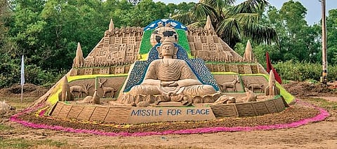 A sand sculpture created by artist Tuna Behera at ITR, Chandipur| Express