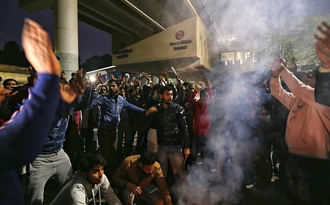 Jamia students continue their protests at the campus a day after of intense violence in the capital New Delhi on Monday. (Photo | EPS)