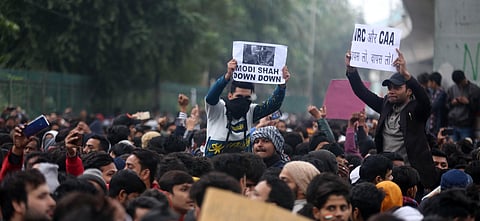 Jamia Millia Islamia university Students gather for a protest against the Citizenship Amendment Act and Sundays alleged police crackdown in the University in New Delhi on Monday December 16 2019. (Photo | Shekhar Yadav/EPS)