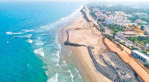 The coastline of Puducherry was rebooted with a wedge-shaped steel reef at the north, an offshore reef at the south along with beach nourishment | Express