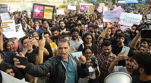 Students organisation protest at Freedom Park against Citizenship Act in Bengaluru on Tuesday. (Photo | Shriram BN/EPS)