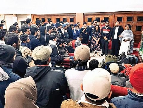 MP Remya Haridas speaks to the students at Kerala House