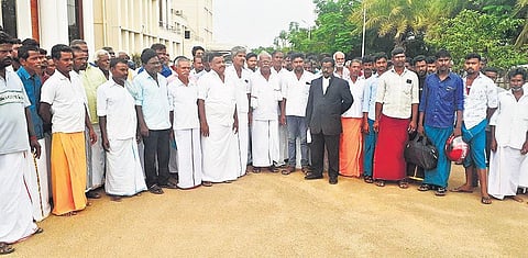 The residents of Thanthoni hamlet of Kulamangalam village panchayat visited Thanjavur collectorate to submit a petition explaining the threat from the dominant caste for withdrawing nomination papers. (Photo | EPS)
