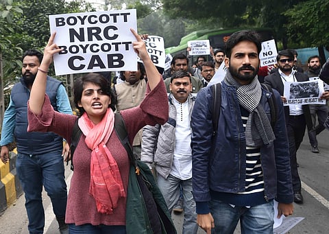 Students protest against Citizenship Law at Jantar Mantar in New Delhi on Thurday. (Photo | PTI)