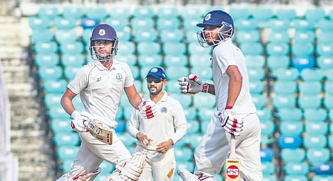 Mohit Kale (left) and Akshay Wadkar scored centuries as defending champions Vidarbha posted 510/8 in their first innings against Rajasthan in Nagpur| PTI