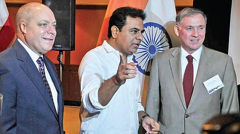 IT Minister KT Rama Rao with US Consul General in Hyderabad Joel Reifman (left) and Dy Asst Secy of State for Regional Security in the US Bureau of Political-Military Affairs Joel Starr. (Photo | S Senbagapandiyan/EPS)