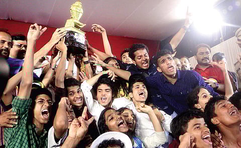 Ecstatic members of the Palakkad team, which emerged winner in the 60th State School Arts Fest in Kanhangad. (Photo | TP Sooraj, EPS)