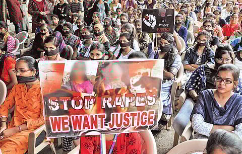 BJP’s mahila morcha staging silent protest.