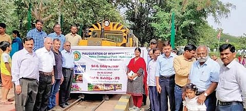 Executive director of BHEL G Uday Kumar, along with others, inaugurates the revamped toy train at Nehru Zoological Park.