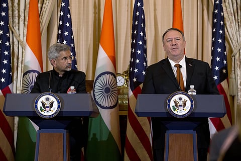 US Secretary of State Mike Pompeo accompanied by Indian External Affairs Minister Dr S Jaishankar speaks during a news conference after a bilateral meeting the US and India in Washington (Photo| AP)