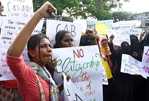 Members of the anti-CAA movement and the public stage a protest against the CAA at Valluvar Kottam in Chennai on Thursday. (Photo | Ashwin Prasath/EPS)