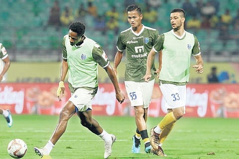 Kerala Blasters players during a training session in Chennai on Thursday
